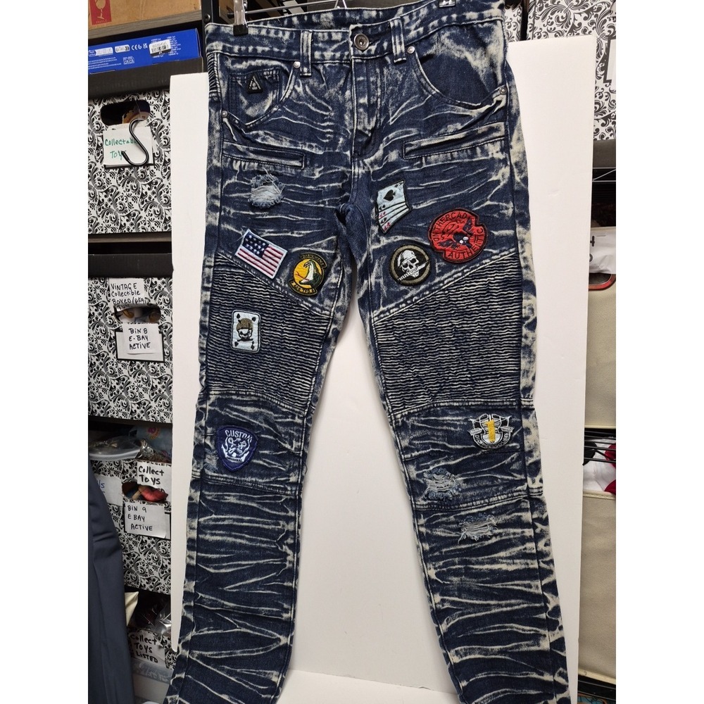 DNM Collection Men's Blue Acid Wash Distressed Jeans 30x32 Patches Vintage 1983